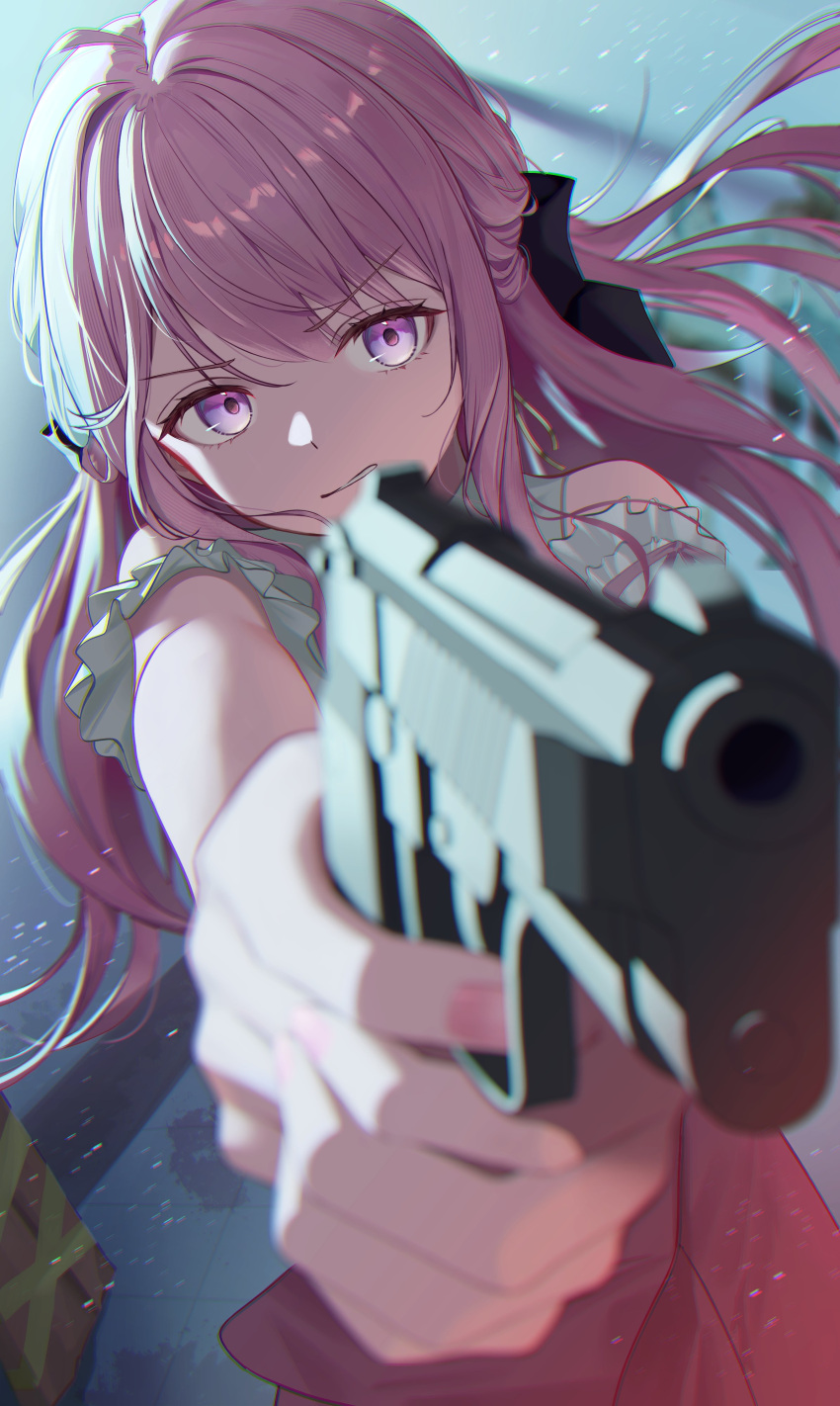 1girl, absurdres, ahoge, aiming, bare_shoulders, blurry, blurry_foreground, boku_no_edamame