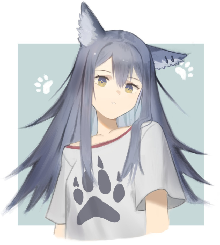 1girl, :o, alternate_costume, animal_ear_piercing, animal_ears, aqua_background, arknights, black_eyes