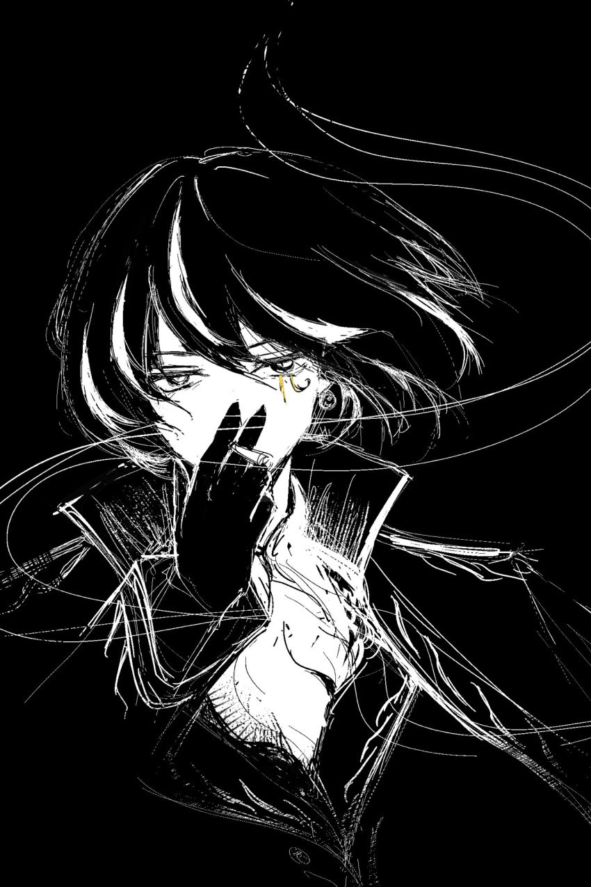1girl, black_background, black_hair, cigarette, hieroglyphics, highres, limbus_company, lucxie_233