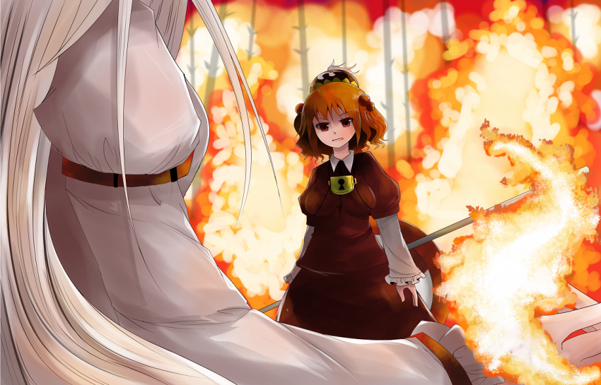 arano_oki, close-up, fire, fujiwara_no_mokou, kawashiro_mitori, multiple_girls, original, saba_miso