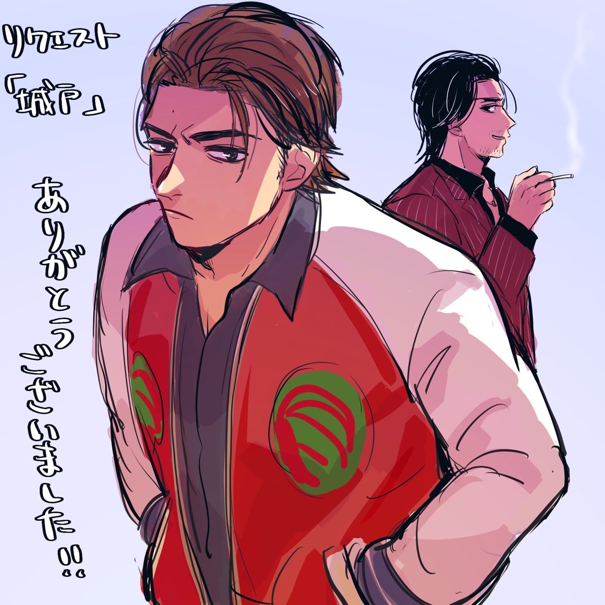 2boys, akiyama_shun, beard, black_hair, black_shirt, cigarette, closed_mouth, collarbone, collared_shirt, commentary_request, facial_hair, forehead, hand_in_pocket, highres, holding, holding_cigarette, jacket, jewelry, kido_takeshi, kitikuoooooo, multiple_boys, necklace, ryuu_ga_gotoku_(series), ryuu_ga_gotoku_4, shirt, short_hair, simple_background, smoke, teeth