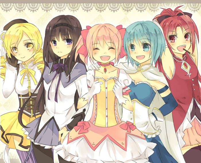 akemi_homura, arm_lock, armpits, bare_shoulders, beret, black_hair, black_legwear, blonde_hair, blue_eyes, blue_hair, bow, breasts, cape, choker, closed_eyes, corset, dress, drill_hair, eyes_closed, fingerless_gloves, gloves, hair_ornament, hair_ribbon, hairband, hat, kaname_madoka, locked_arms, long_hair, mahou_shoujo_madoka_magica, miki_sayaka, moonku, mouth_hold, multiple_girls, pantyhose, pink_hair, pleated_skirt, pocky, ponytail, purple_eyes, red_eyes, red_hair, redhead, ribbon, sakura_kyouko, short_hair, short_twintails, skirt, smile, tomoe_mami, twintails, vertical-striped_legwear, vertical_stripes, violet_eyes, yellow_eyes