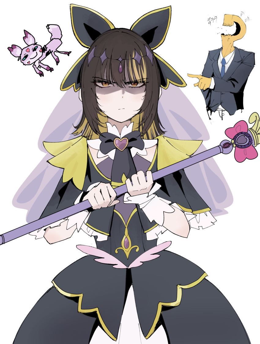 1boy, 1girl, black_capelet, black_dress, black_hair, blonde_hair, capelet, commentary_request
