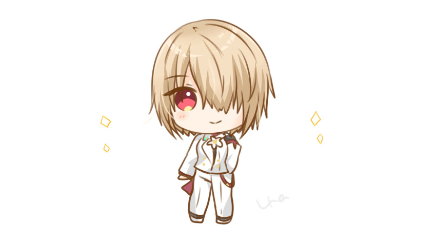 1girl, brown_hair, chibi, chibi_only, closed_mouth, commentary_request, hair_over_one_eye, heaven_burns_red, highres, kayamori_ruka, kayamori_ruka_(glorious_blades), looking_at_viewer, one_eye_covered, pants, red_eyes, short_hair, simple_background, suit, ura_(ura-tennislove), white_pants, white_suit
