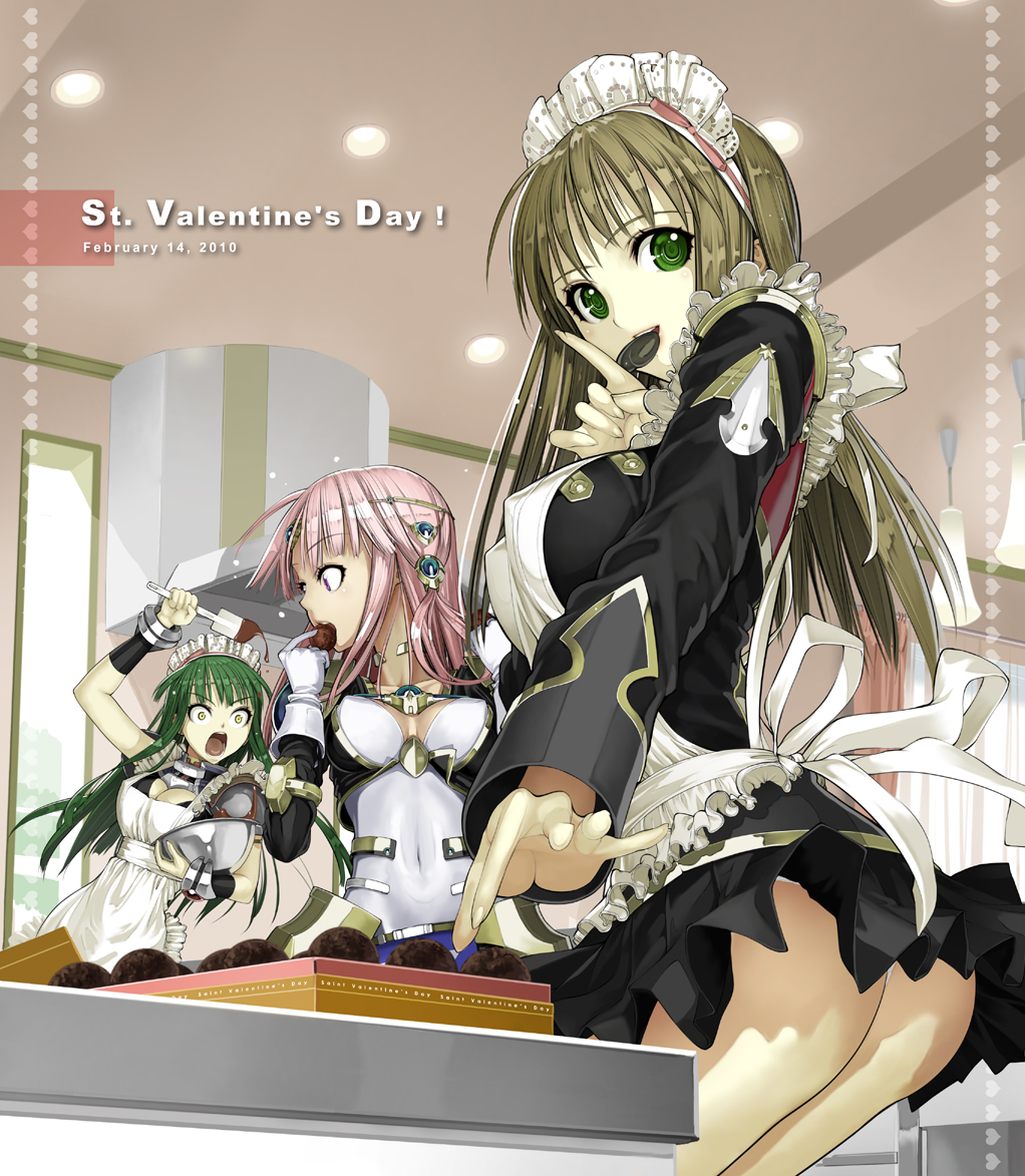ariel_org, brown_hair, chocolate, gloves, green_eyes, green_hair, hair_ornament, hairband