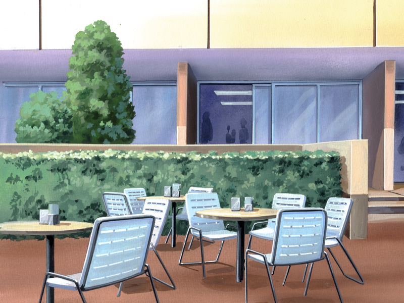 building, bush, cafe, chair, cup, door, drinking_straw, film_grain
