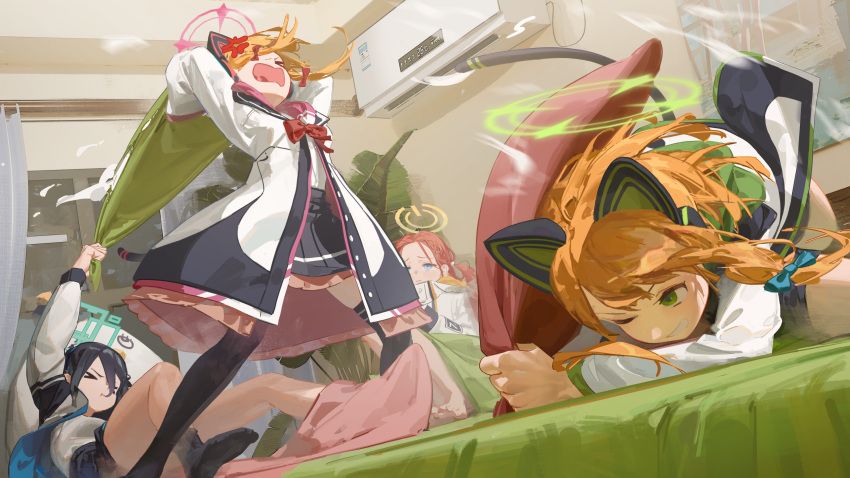 4girls, absurdres, air_conditioner, animal_ear_headphones, animal_ears, aqua_halo, aris_(blue_archive), black_hair