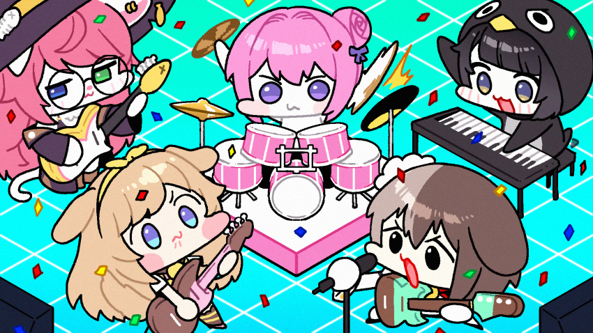 5girls, animal_ears, animal_hood, arknights, arknights:_endfield, bass_guitar, bell, black_eyes