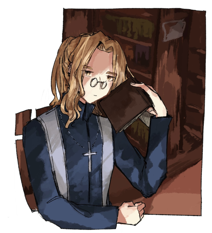 1boy, blonde_hair, book, cassock, cross, cross_necklace, curtained_hair, glasses