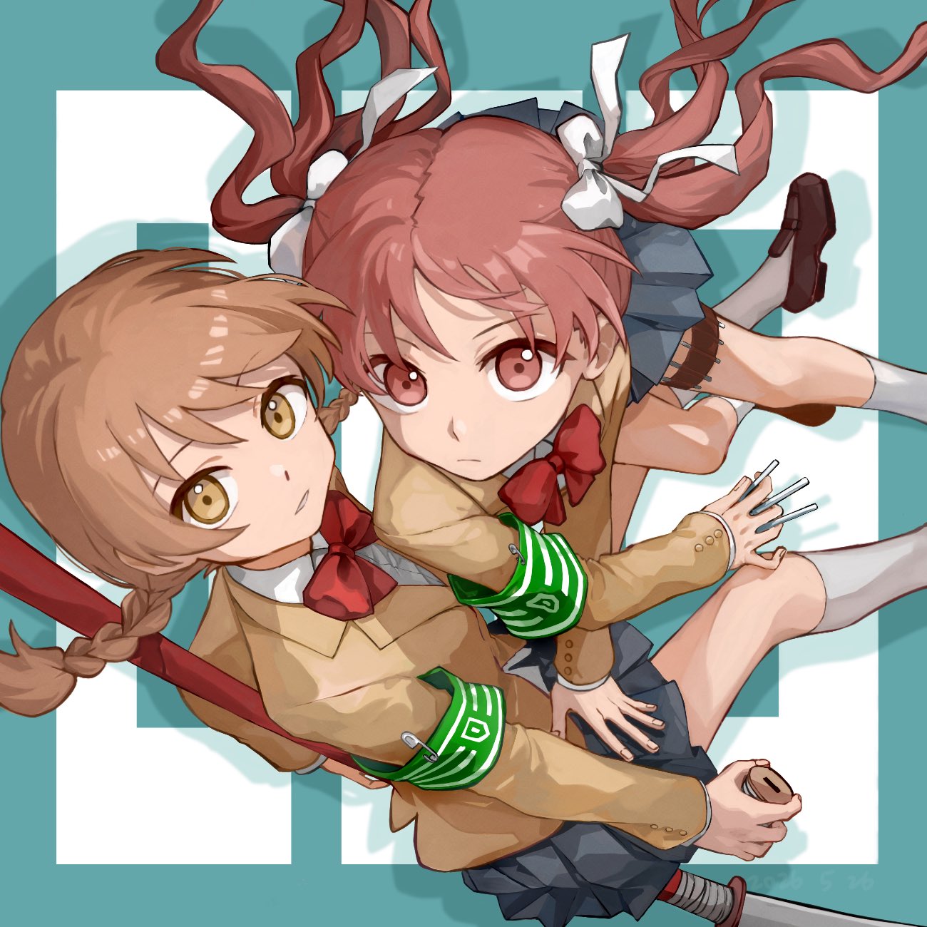 2girls, armband, between_fingers, blonde_hair, bow, braid, character_request, commentary_request