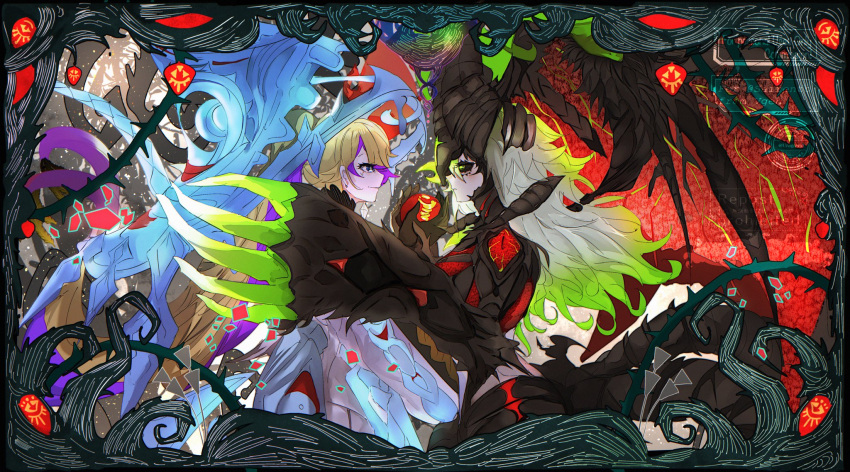 2girls, apple, black_sclera, blonde_hair, blue_eyes, border, claws, colored_sclera