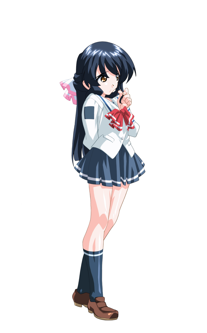 1girl, absurdres, anime_coloring, arms_behind_back, black_hair, blue_skirt, blue_socks, bow