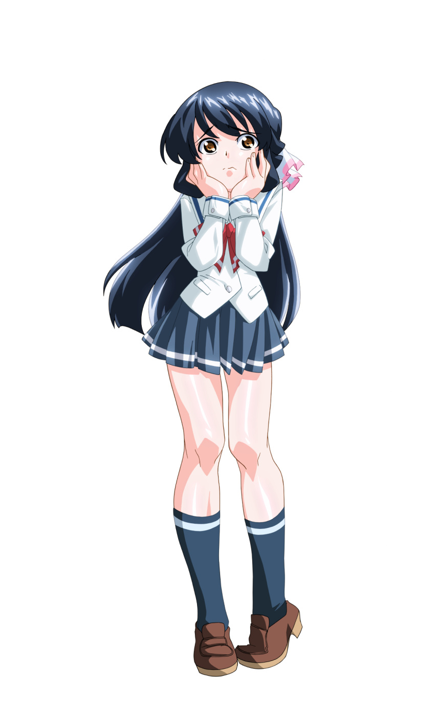 1girl, anime_coloring, black_hair, blue_skirt, blue_socks, bow, brown_shoes, closed_mouth