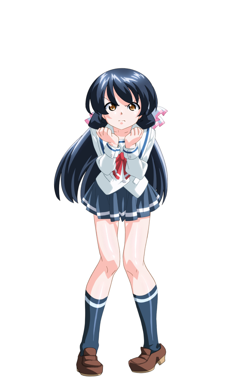 1girl, angry, anime_coloring, black_hair, blue_skirt, blue_socks, bow, breasts