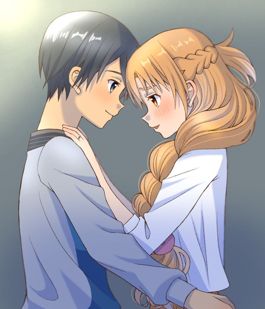 1boy, 1girl, alternate_costume, alternate_hairstyle, asuna_(sao), black_hair, black_trim, blush, braid, braided_ponytail, brown_hair, closed_mouth, commentary_request, couple, eye_contact, grey_background, grey_eyes, grey_shirt, hair_over_shoulder, half_up_half_down_braid, hands_on_another's_chest, hetero, highres, hug, kirito, long_hair, long_sleeves, looking_at_another, messy_hair, parted_bangs, parted_lips, ponytail_over_shoulder, shirt, short_hair, sidelocks, smile, sword_art_online, three-quarter_sleeves, tu_tora2, upper_body, white_shirt