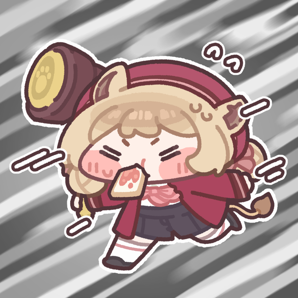 1girl, =_=, animal_ears, beret, black_shoes, black_shorts, blonde_hair, blush_stickers