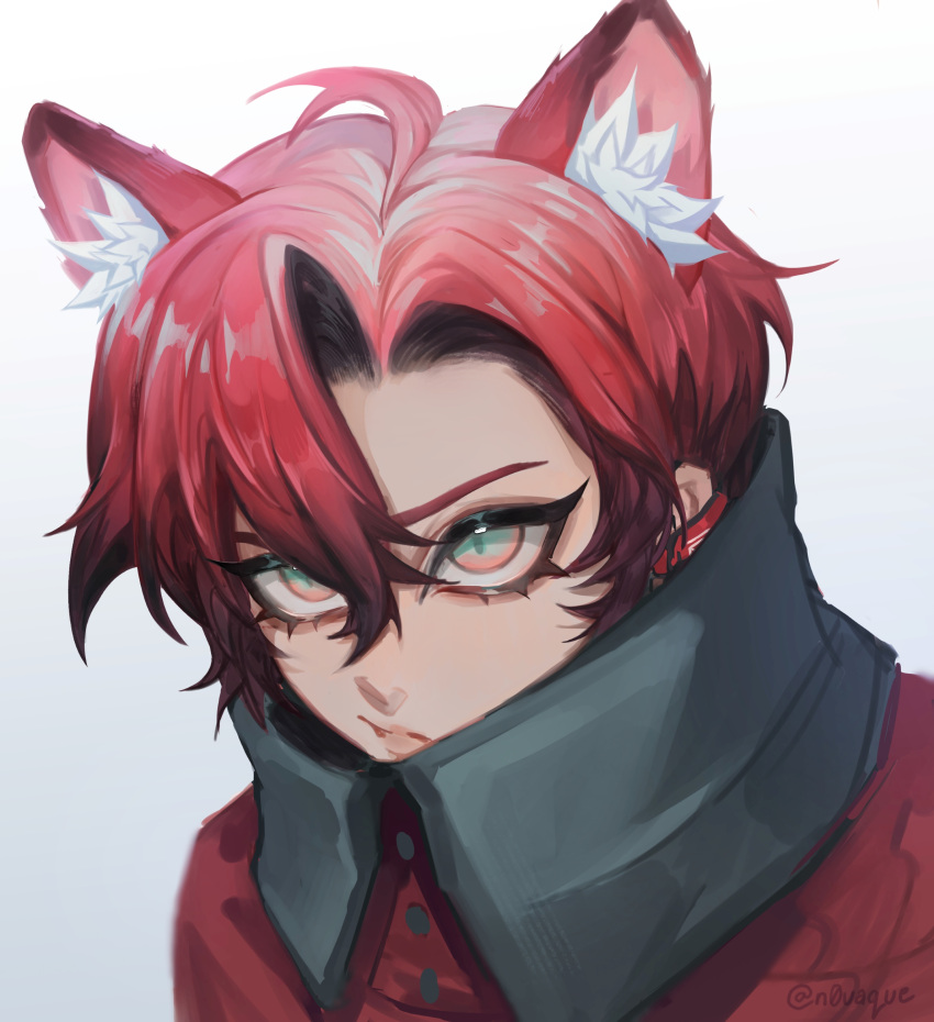 1boy, absurdres, animal_ear_fluff, animal_ears, cat_boy, cat_ears, closed_mouth, earpiece, grading, green_eyes, highres, holostars, holostars_english, looking_at_viewer, machina_x_flayon, novaque, orange_eyes, simple_background, solo, upper_body, virtual_youtuber, white_background