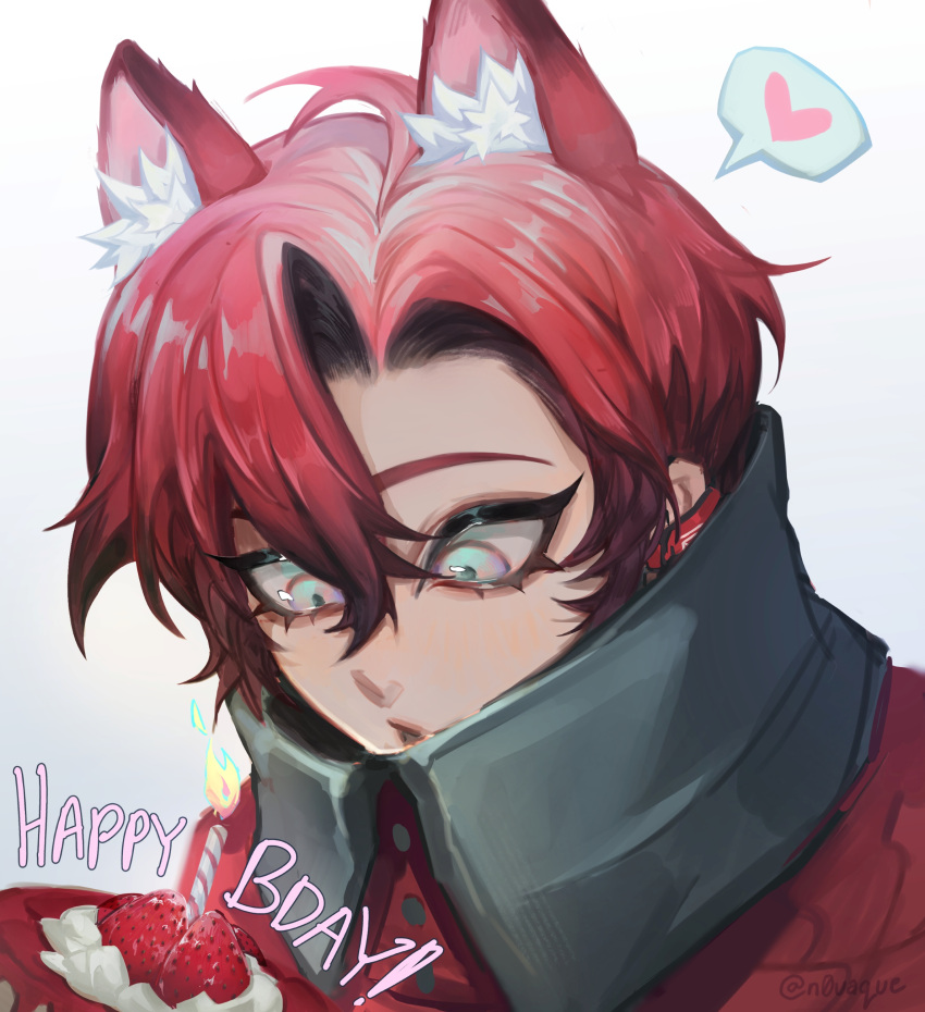 1boy, absurdres, animal_ear_fluff, animal_ears, birthday_cake, cake, cat_boy, cat_ears, earpiece, food, grading, green_eyes, happy_birthday, heart, highres, holostars, holostars_english, looking_at_viewer, machina_x_flayon, novaque, open_mouth, orange_eyes, simple_background, solo, spoken_heart, upper_body, virtual_youtuber, white_background