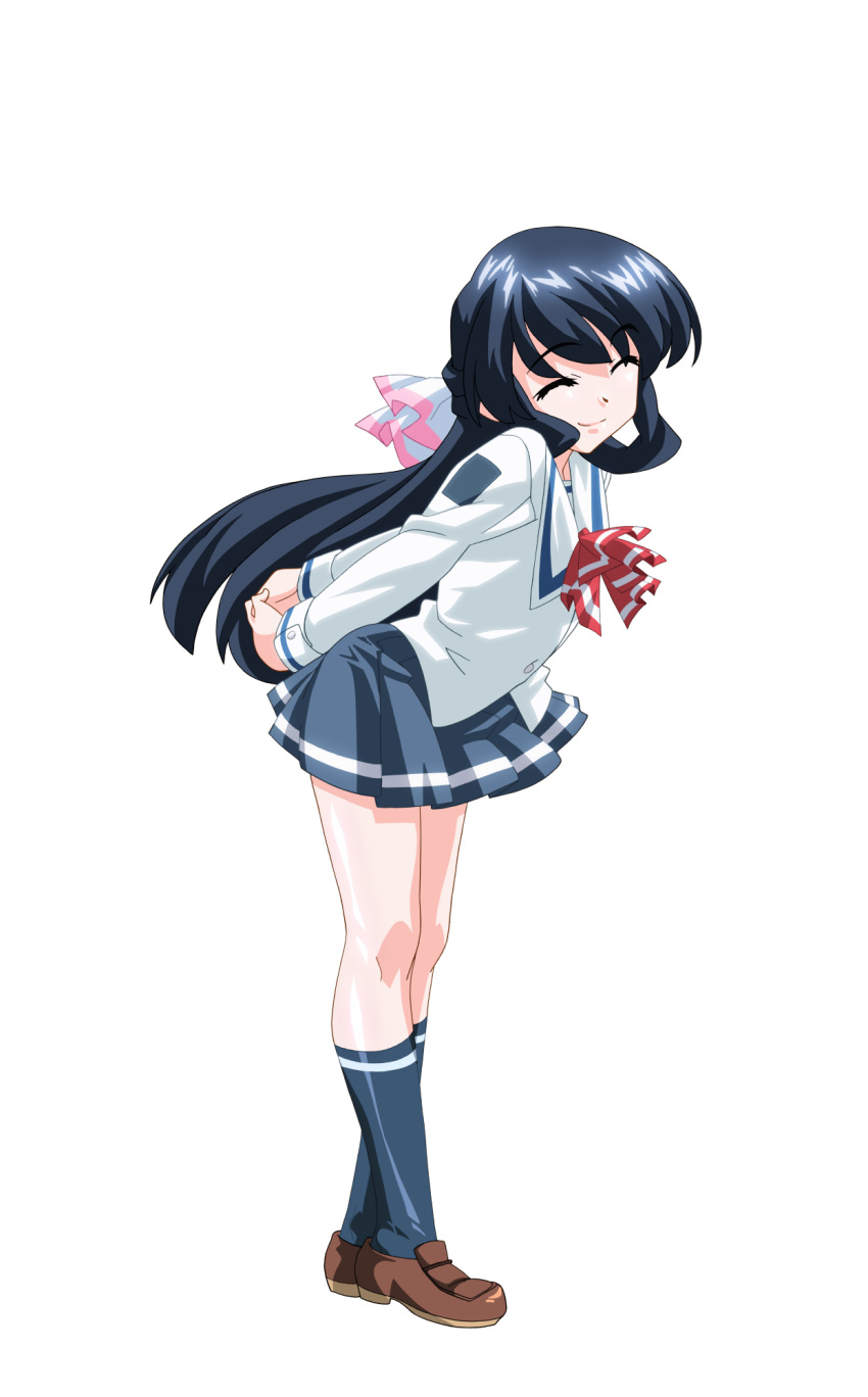 1girl, ^_^, anime_coloring, arms_behind_back, black_hair, blue_skirt, blue_socks, bow