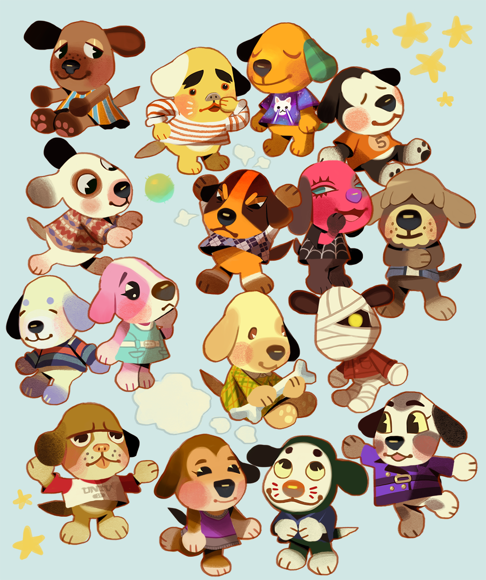 6+boys, 6+girls, animal_crossing, animal_crossing:_new_horizons, animal_print, ball, bea_(animal_crossing), benjamin_(animal_crossing), biskit_(animal_crossing), blue_background, bone, bones_(animal_crossing), butch_(animal_crossing), cat_print, cherry_(animal_crossing), chibi, chibi_only, cookie_(animal_crossing), daisy_(animal_crossing), dog, dog_boy, dog_girl, english_commentary, full_body, furry, goldie_(animal_crossing), juunipupu, lucky_(animal_crossing), mac_(animal_crossing), maddie_(animal_crossing), marcel_(animal_crossing), multiple_boys, multiple_girls, portia_(animal_crossing), shep_(animal_crossing), species_connection, speech_bubble, star_(symbol), thought_bubble, walker_(animal_crossing)