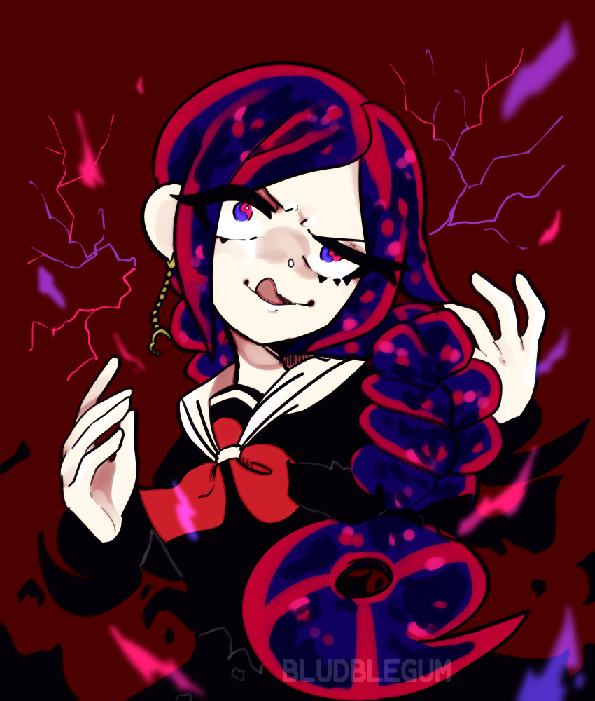 1girl, artist_name, black_serafuku, bludblegum, commentary, electricity, english_commentary, gradient_hair