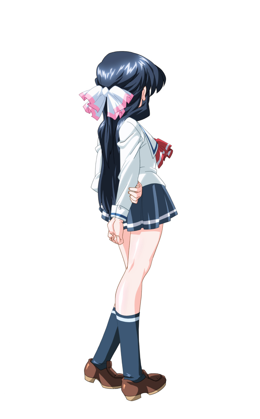 1girl, anime_coloring, arms_behind_back, black_hair, blue_skirt, blue_socks, bow, breasts