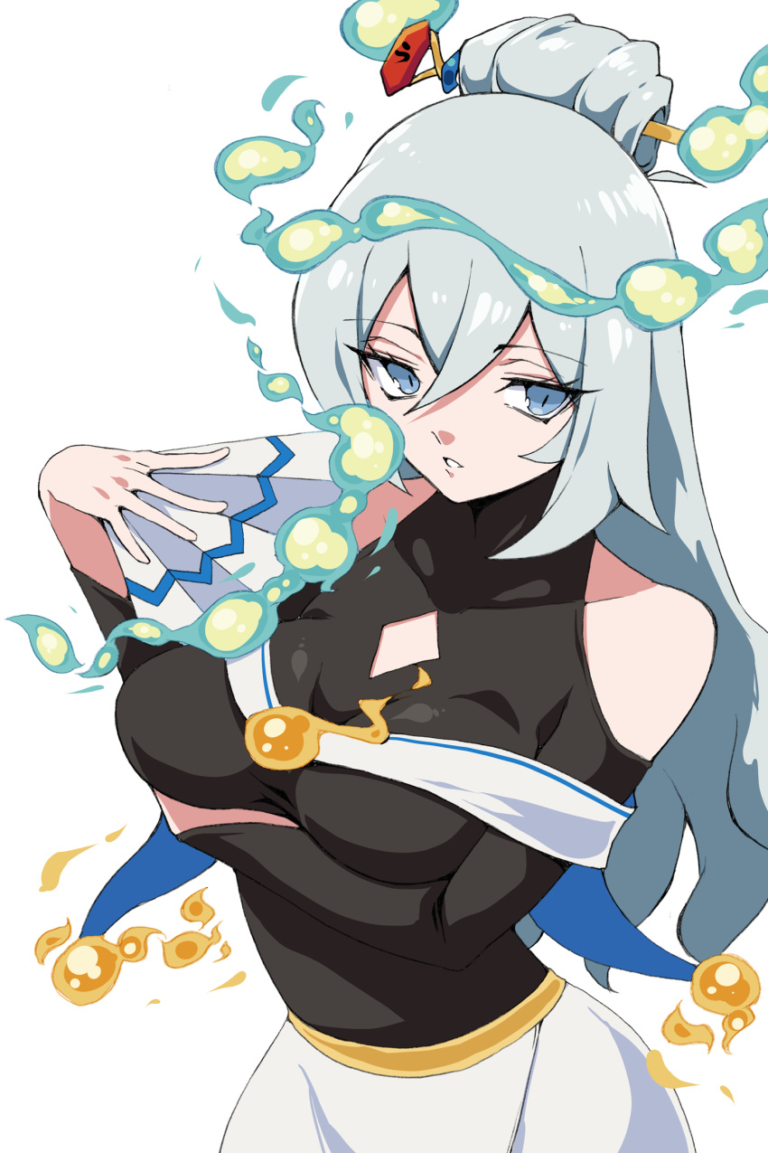 1girl, b-kyuu_ocha, black_leotard, blue_eyes, blue_fire, blue_hair, breasts, cleavage_cutout, clothing_cutout, commentary_request, fire, folding_fan, from_above, hair_between_eyes, hair_ornament, hair_stick, hand_fan, highres, holding, holding_fan, kaiun_coliseum, karawamage, large_breasts, leotard, long_hair, shoulder_cutout, skirt, solo, un_kougou, white_mouth, white_skirt