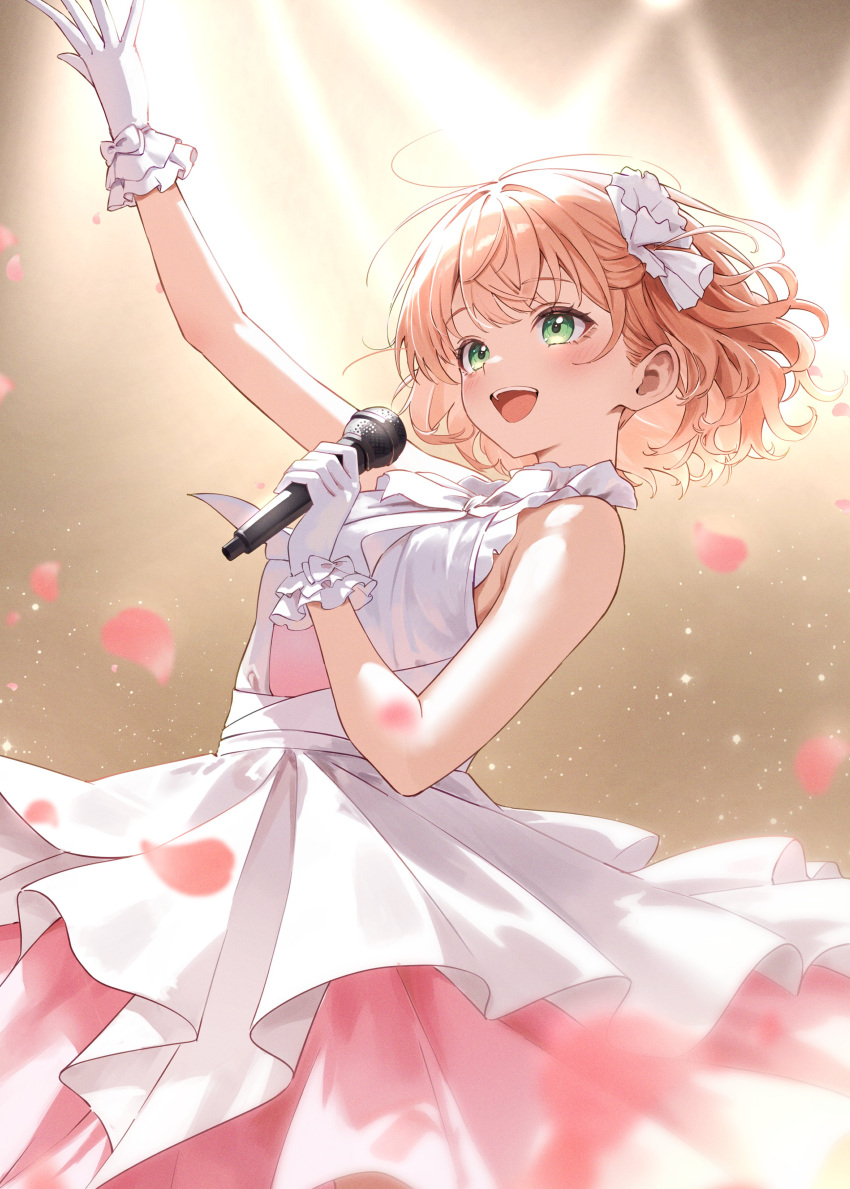 1girl, :d, absurdres, arm_up, commentary_request, dress, enu_illustip, falling_petals