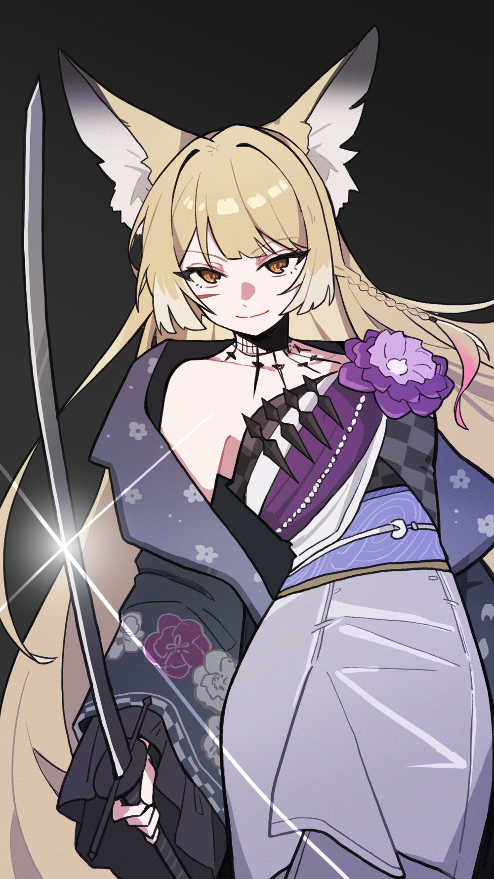 1girl, animal_ear_fluff, animal_ears, arknights, black_background, blonde_hair, braid, brown_eyes