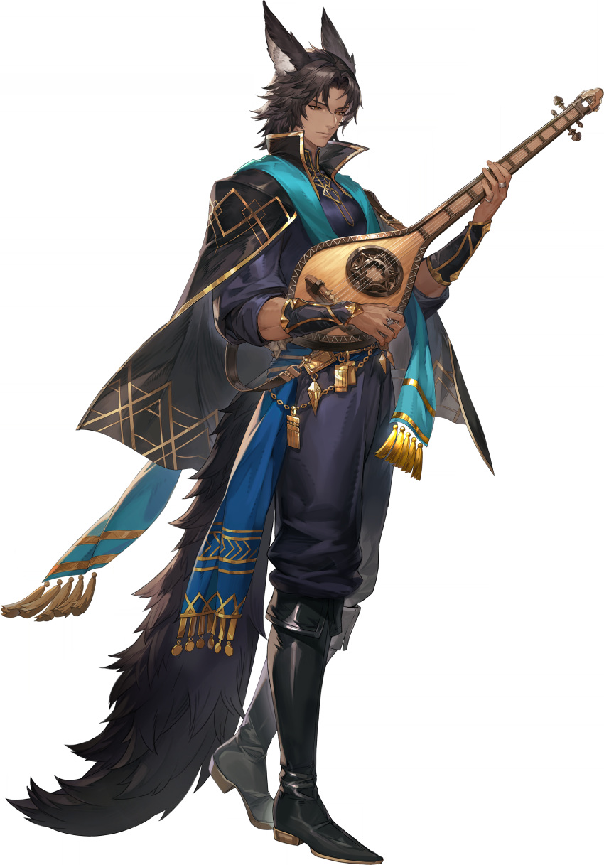 1boy, absurdres, animal_ears, aqua_shawl, black_boots, black_cape, black_pants, black_shirt