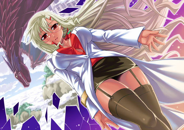 black_legwear, blonde_hair, blouse, blush, breasts, coat, dragon, garter_belt, garter_straps, glasses, hair_ornament, hairclip, huge_breasts, jewelry, labcoat, large_breasts, legs, lipstick, long_hair, makeup, miniskirt, misao_(kami_no_misoshiru), necklace, nurse, parace_l'sia, parace_l'sia, red_eyes, skirt, thigh-highs, thighhighs, thighs, wind