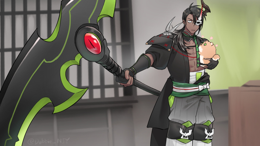 1boy, :|, abs, animal, aragami_oga, aragami_oga_(2nd_costume), armor, black_collar