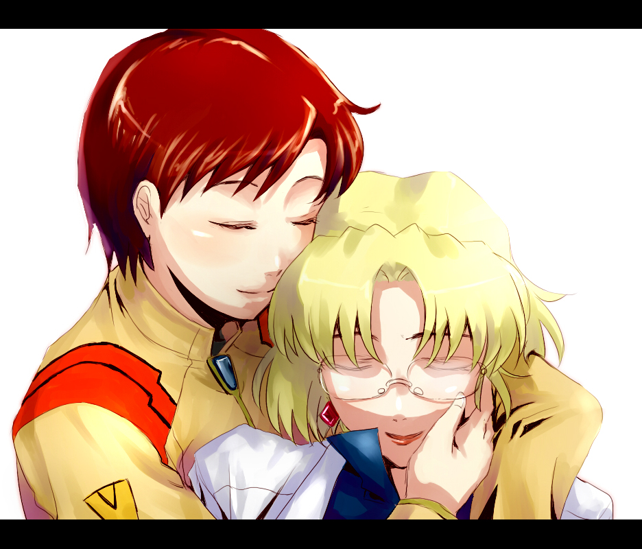 akagi_ritsuko, blonde_hair, brown_hair, closed_eyes, earrings, eyes_closed, female, glasses