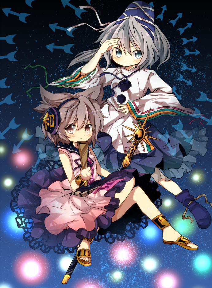 ankle_band, anklet, arrow, blonde_hair, blush, earmuffs, hand_on_own_face, hand_to_face