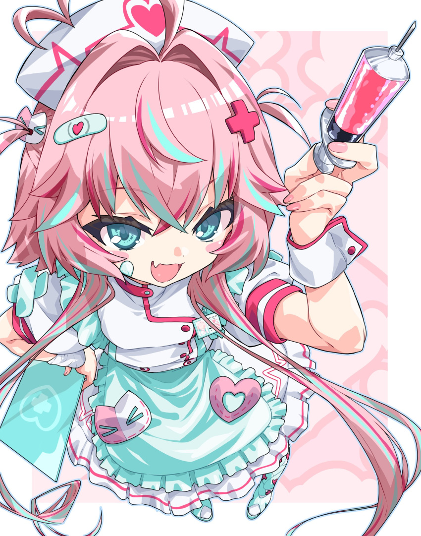 1girl, absurdly_long_sidelocks, absurdres, ahoge, anime_coloring, apron, arm_up, bandaged_wrist