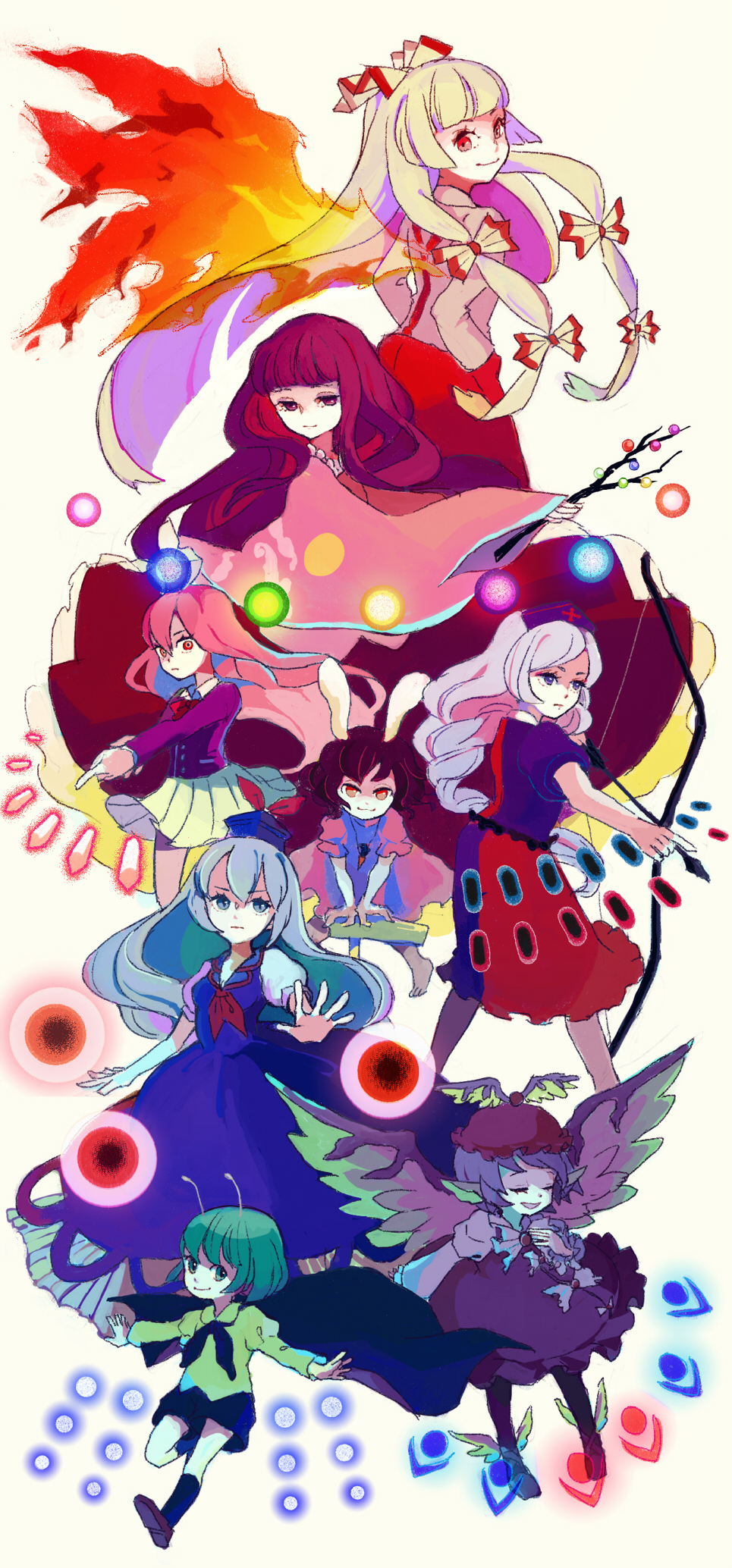 arrow, bow, bow_(weapon), branch, bunny_ears, danmaku, dress, everyone, fire, fujiwara_no_mokou, hair_bow, hammer, highres, houraisan_kaguya, imperishable_night, inaba_tewi, jeweled_branch_of_hourai, kamishirasawa_keine, multiple_girls, mystia_lorelei, rarara-men, reisen_udongein_inaba, touhou, weapon, wriggle_nightbug, yagokoro_eirin