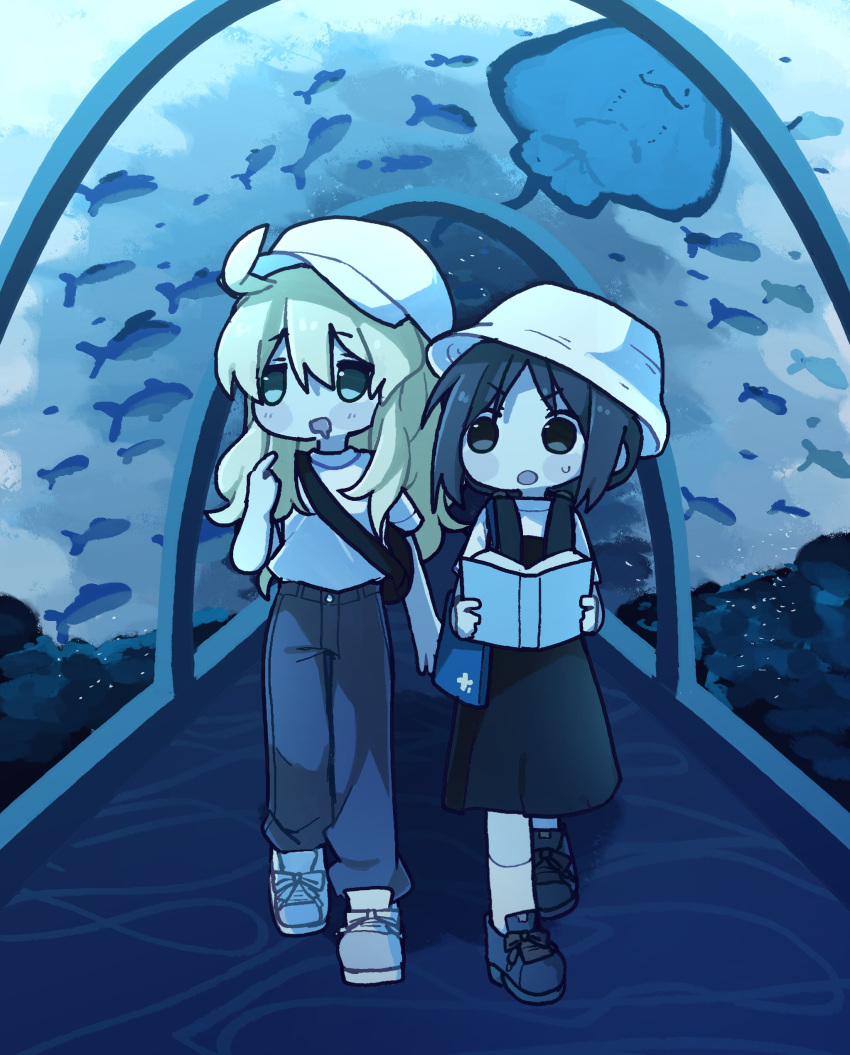 2girls, absurdres, ahoge, aquarium, aquarium_tunnel, bag, black_eyes, black_hair