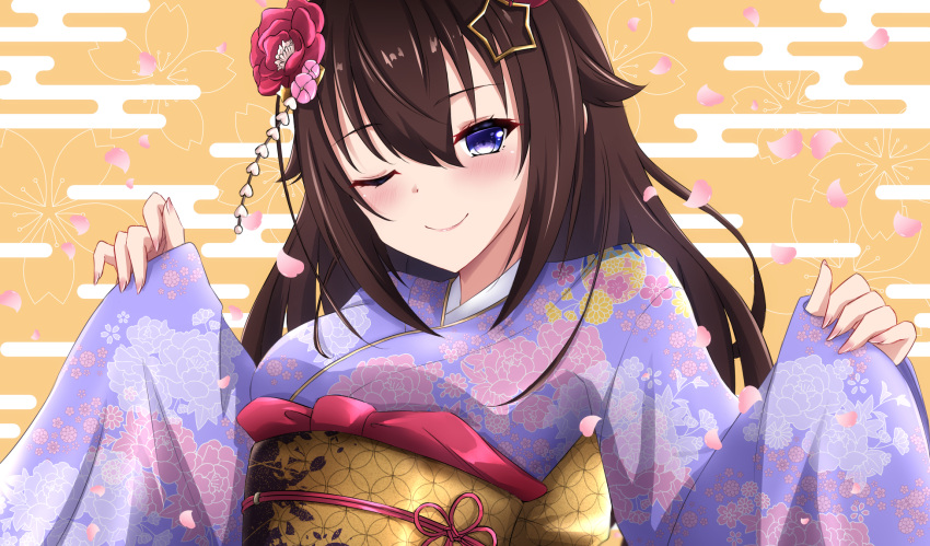 1girl, blush, brown_hair, closed_mouth, commentary_request, flower, hair_flaps, hair_flower