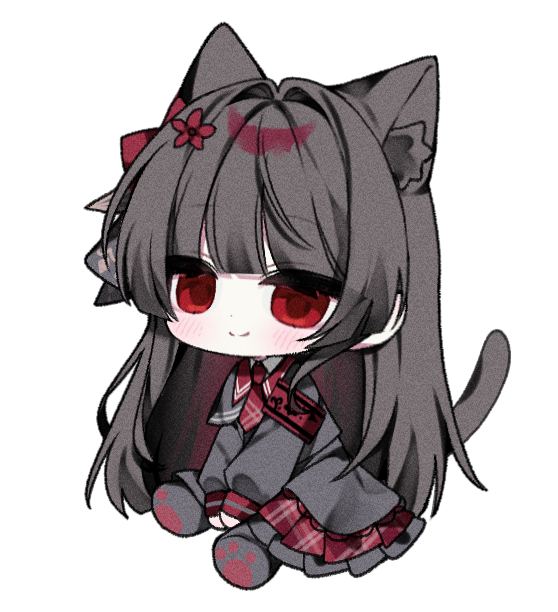 1girl, animal_ears, black_hair, black_shirt, black_skirt, cat_ears, cat_girl, cat_tail, chibi, chibi_only, closed_mouth, commentary_request, flower, full_body, hair_flower, hair_ornament, korean_commentary, long_hair, long_sleeves, looking_at_viewer, mahou_shoujo_no_majo_saiban, necktie, nikaido_hiro, paw_shoes, red_eyes, red_flower, red_necktie, rita_for, shirt, simple_background, sitting, skirt, smile, solo, tail, white_background