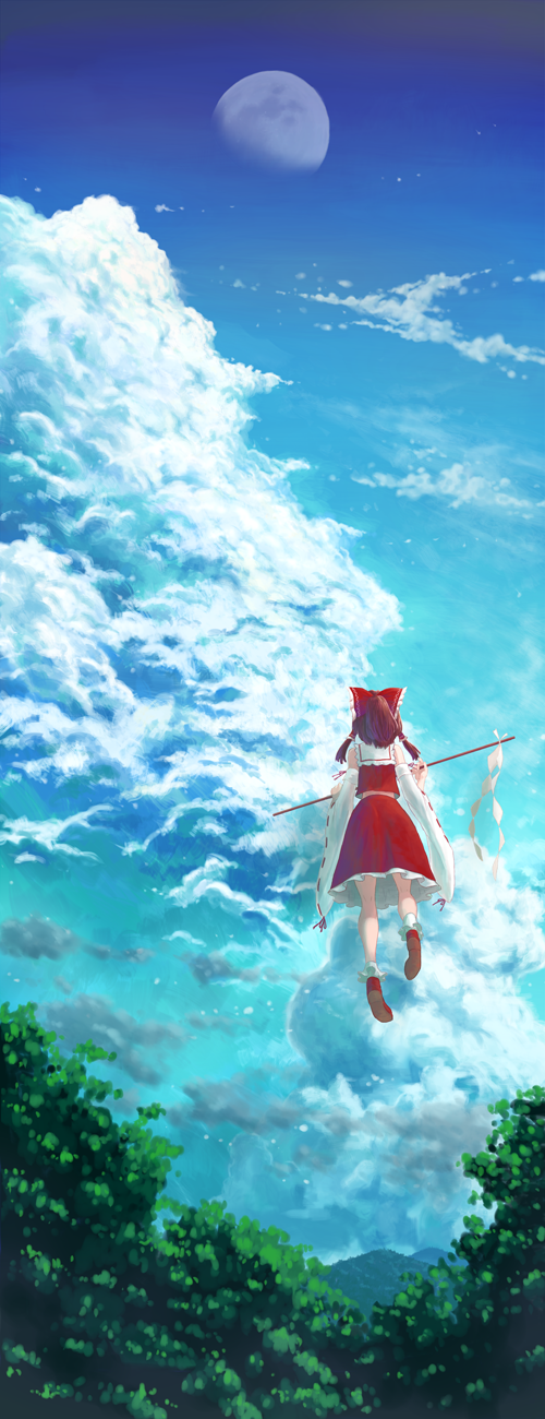 cloud, floating, full_moon, gohei, hakurei_reimu, highres, matsutani, moon