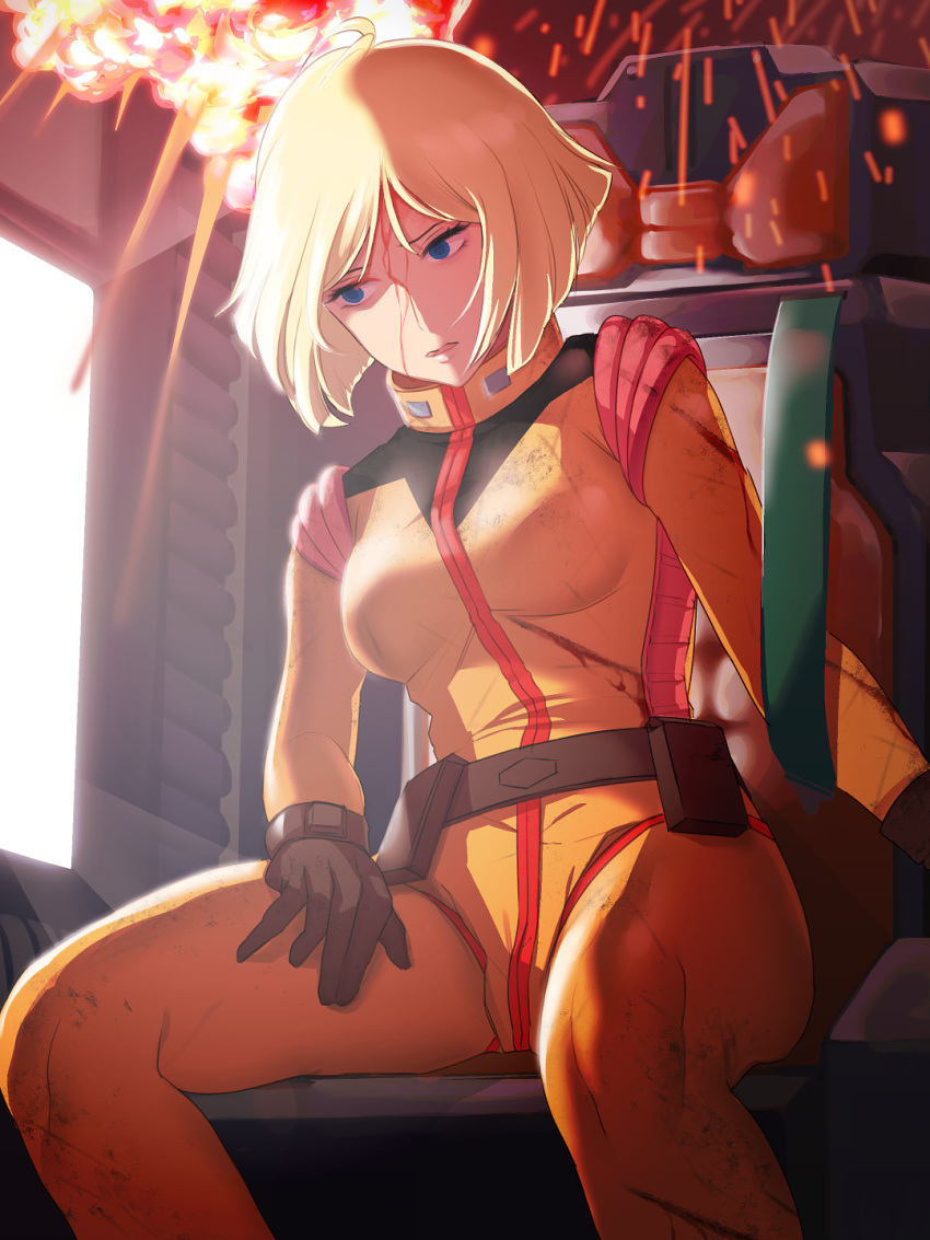 1girl, akatsu, bad_end, belt, belt_pouch, blonde_hair, blood, blood_from_forehead
