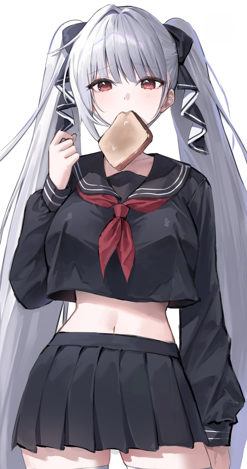 1girl, absurdres, aco_(aco_7313), arm_at_side, azur_lane, black_ribbon, black_sailor_collar, black_serafuku, black_shirt, black_skirt, blunt_bangs, blush, bread, bread_slice, breasts, clenched_hand, commentary, cowboy_shot, eyelashes, food, food_in_mouth, formidable_(azur_lane), formidable_(the_lover's_heart_flutters_on_duty)_(azur_lane), grey_hair, hair_intakes, hair_ribbon, hand_up, highres, large_breasts, long_hair, looking_at_viewer, midriff, miniskirt, mouth_hold, navel, neckerchief, nude, pleated_skirt, red_eyes, red_neckerchief, ribbon, sailor_collar, school_uniform, serafuku, shirt, sidelighting, sidelocks, simple_background, skirt, solo, thigh-highs, toast, toast_in_mouth, twintails, very_long_hair, white_background, white_thighhighs, zettai_ryouiki