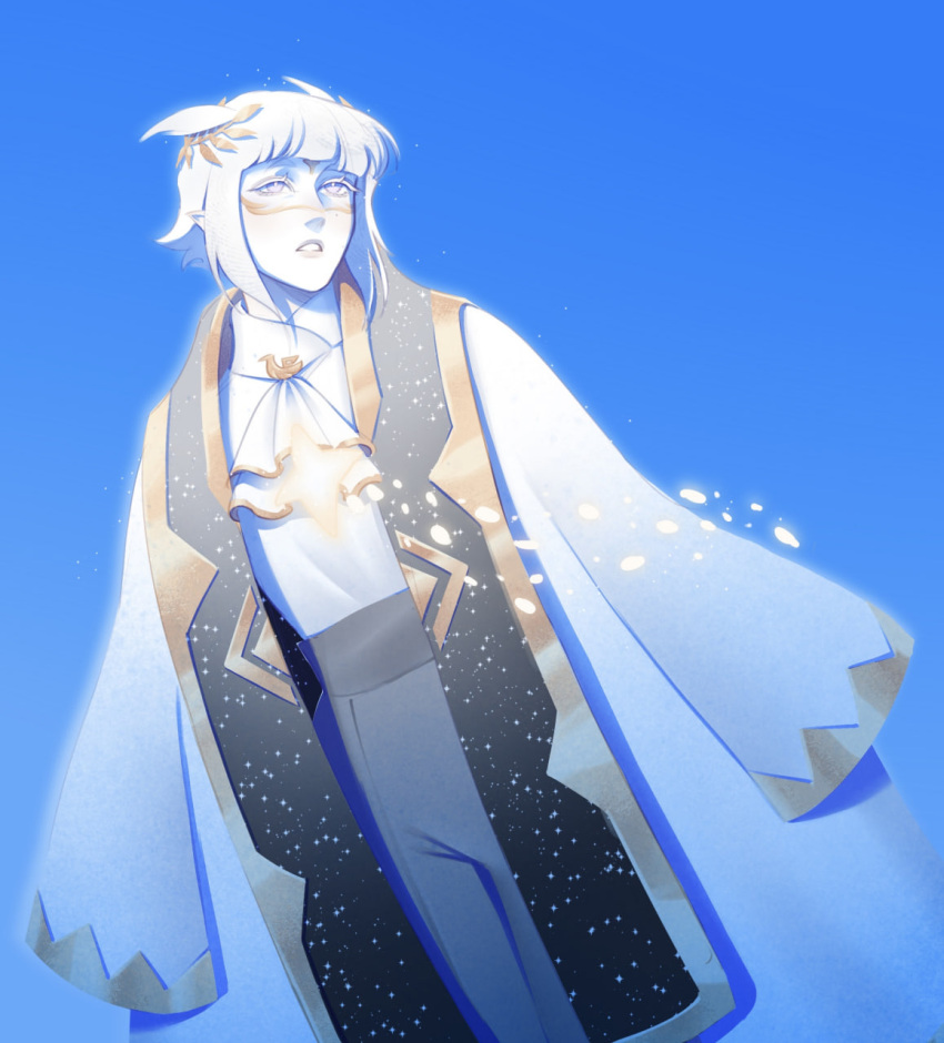 1other, androgynous, blue_background, blunt_bangs, clothing_request, coat, colored_eyelashes, colored_skin, commentary, gold_trim, high-waist_pants, high_collar, highres, laurel_crown, laurels, light_particles, open_clothes, open_coat, original, pants, parted_lips, pointy_ears, robinhaver, shirt_tucked_in, sky:_children_of_the_light, sky_child, solo, untranslatable_commentary, violet_eyes, white_eyelashes, white_hair, white_skin