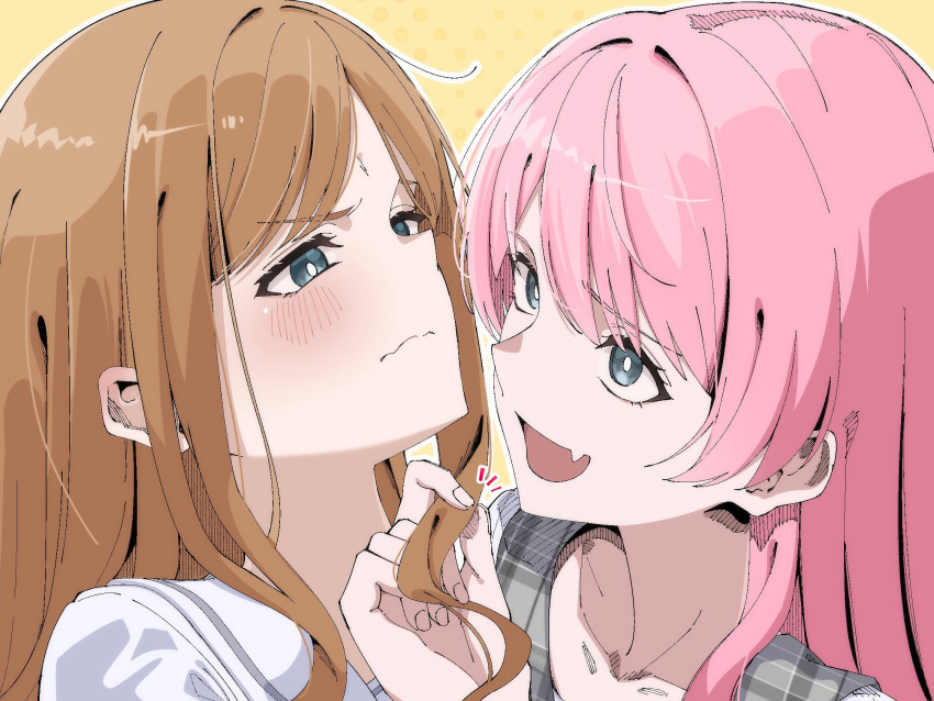 2girls, bang_dream!, bang_dream!_it's_mygo!!!!!, blue_eyes, blush, brown_hair, chihaya_anon, closed_mouth
