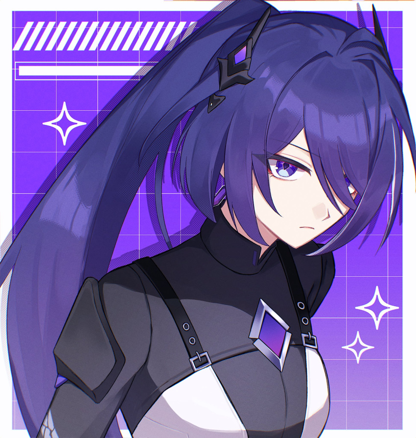 1girl, acheron_(ambush)_(honkai:_star_rail), acheron_(honkai:_star_rail), alternate_costume, alternate_hairstyle, black_bodysuit, bodysuit, border