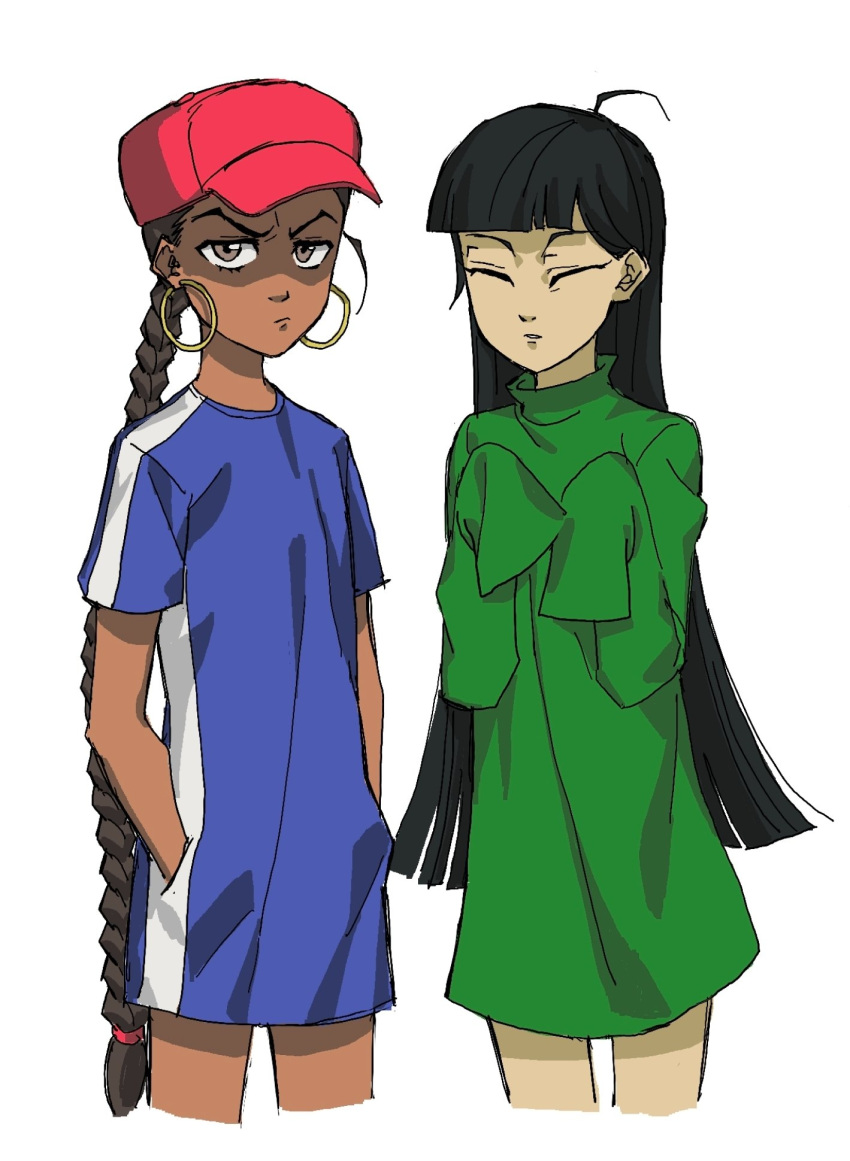 2girls, ahoge, baseball_cap, black_hair, blue_shirt, blunt_bangs, braid, brown_eyes, brown_hair, closed_eyes, closed_mouth, codename:_kids_next_door, cosplay, cowboy_shot, cropped_legs, crossover, dark-skinned_female, dark_skin, earrings, facing_viewer, glaring, green_shirt, hands_in_pockets, hat, highres, hoop_earrings, jab3302, jewelry, long_hair, long_shirt, long_sleeves, looking_at_viewer, multiple_girls, no_pants, numbuh_3, numbuh_5, oversized_clothes, oversized_shirt, shaded_face, shirt, short_sleeves, simple_background, single_braid, sleeves_past_fingers, sleeves_past_wrists, sweater, t-shirt, turtleneck, v-shaped_eyebrows, very_long_hair, white_background