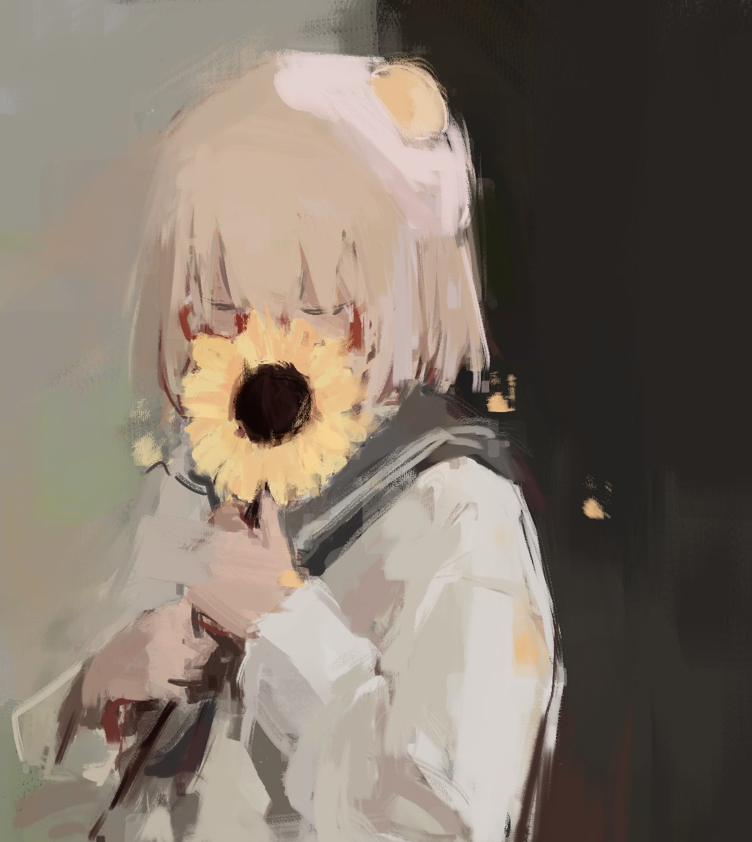 1girl, blonde_hair, closed_eyes, covered_face, egg, egg_(food), egg_yolk, flower