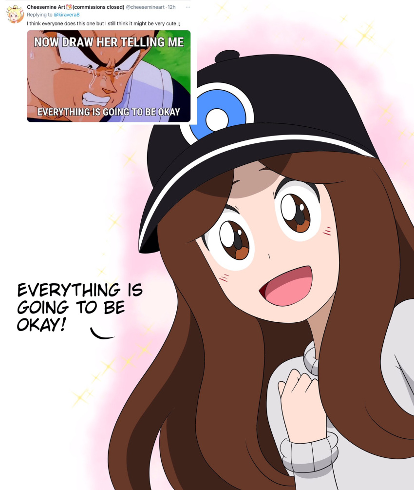 1boy, 1girl, 2021, artist_self-insert, banel, black_hat, brown_eyes, brown_hair
