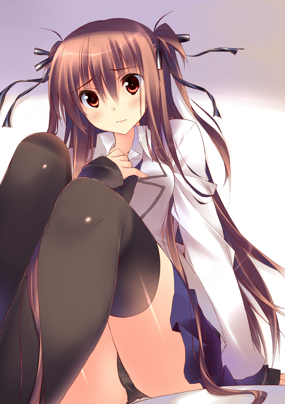 black_legwear, black_panties, blush, brown_hair, hair_ribbon, highres, kuwashima_rein, legs