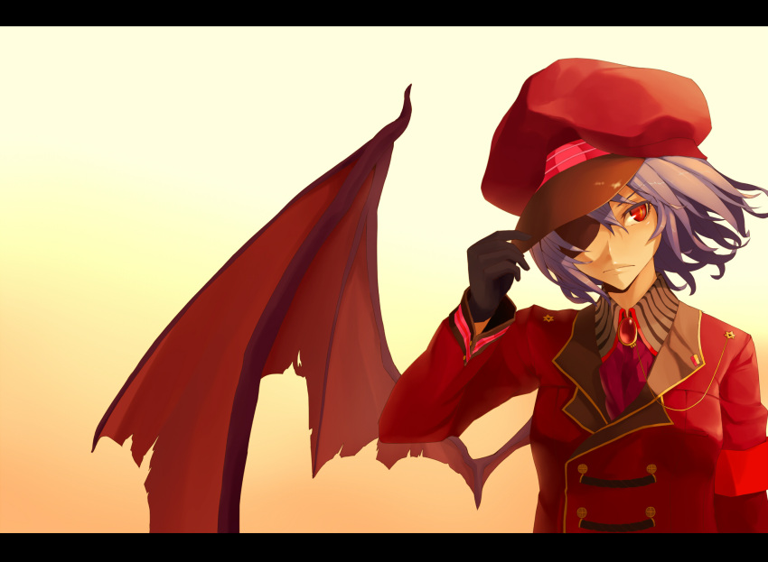 alternate_costume, alternate_headwear, bat_wings, black_gloves, eyepatch, gloves, hand_on_hat, hat